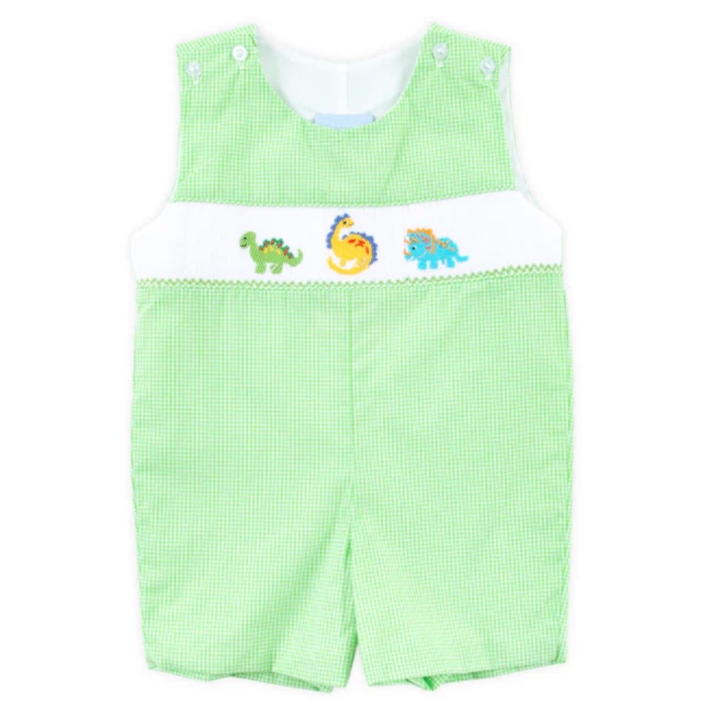 Classic Whimsy Green Gingham Dinosaur Smocked Jon Jon 18m NWT